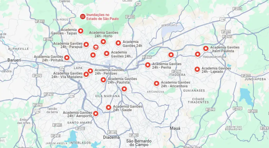 Mapa das unidades Academia Gaviões em São Paulo